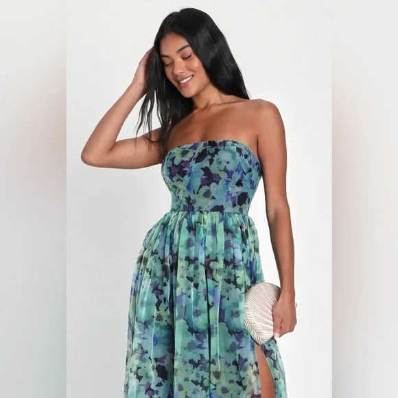 Lulus Wonderful Waltz Green Floral Print Strapless Bustier Maxi Dress Sz Lg NWT - Picture 11 of 11